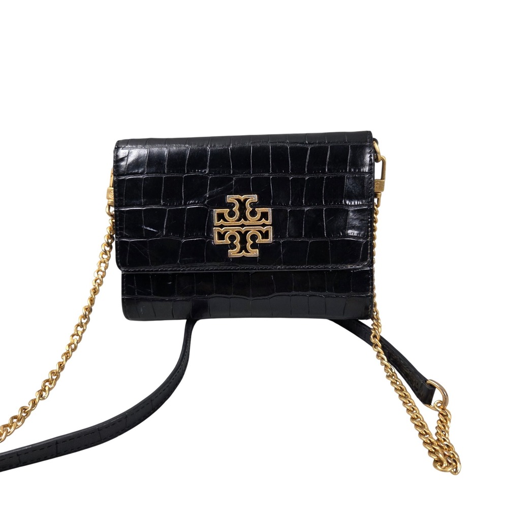 Tory Burch Wallet on Chain Women OS Black Fair Croc Embossed Britten Crossbody